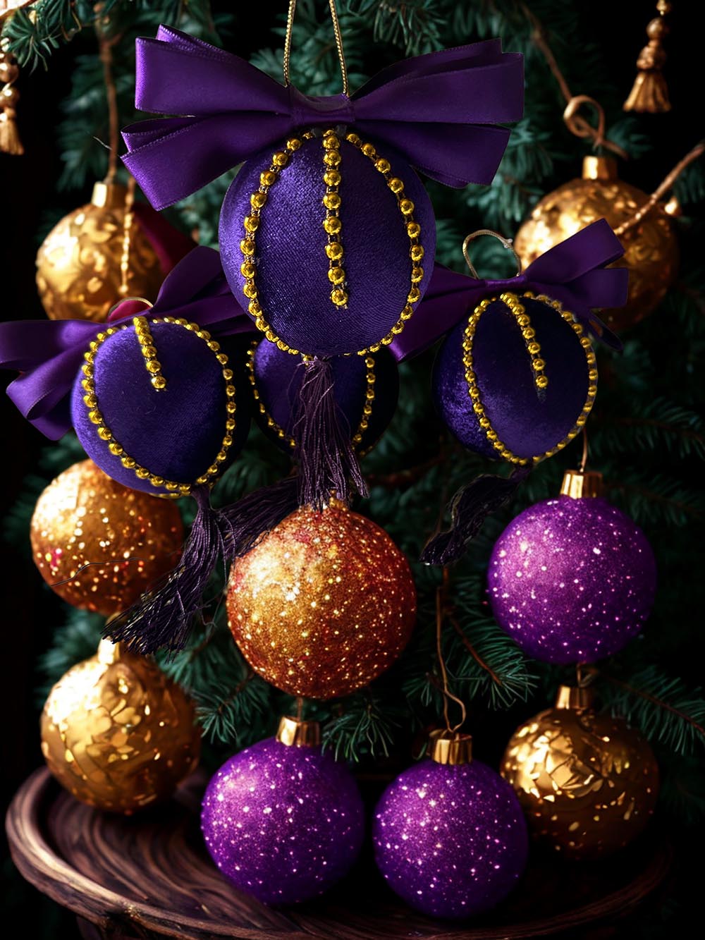 Mor Kadife Yılbaşı Çam Ağacı Süsü - 8 Cm Çam Ağacı Topu