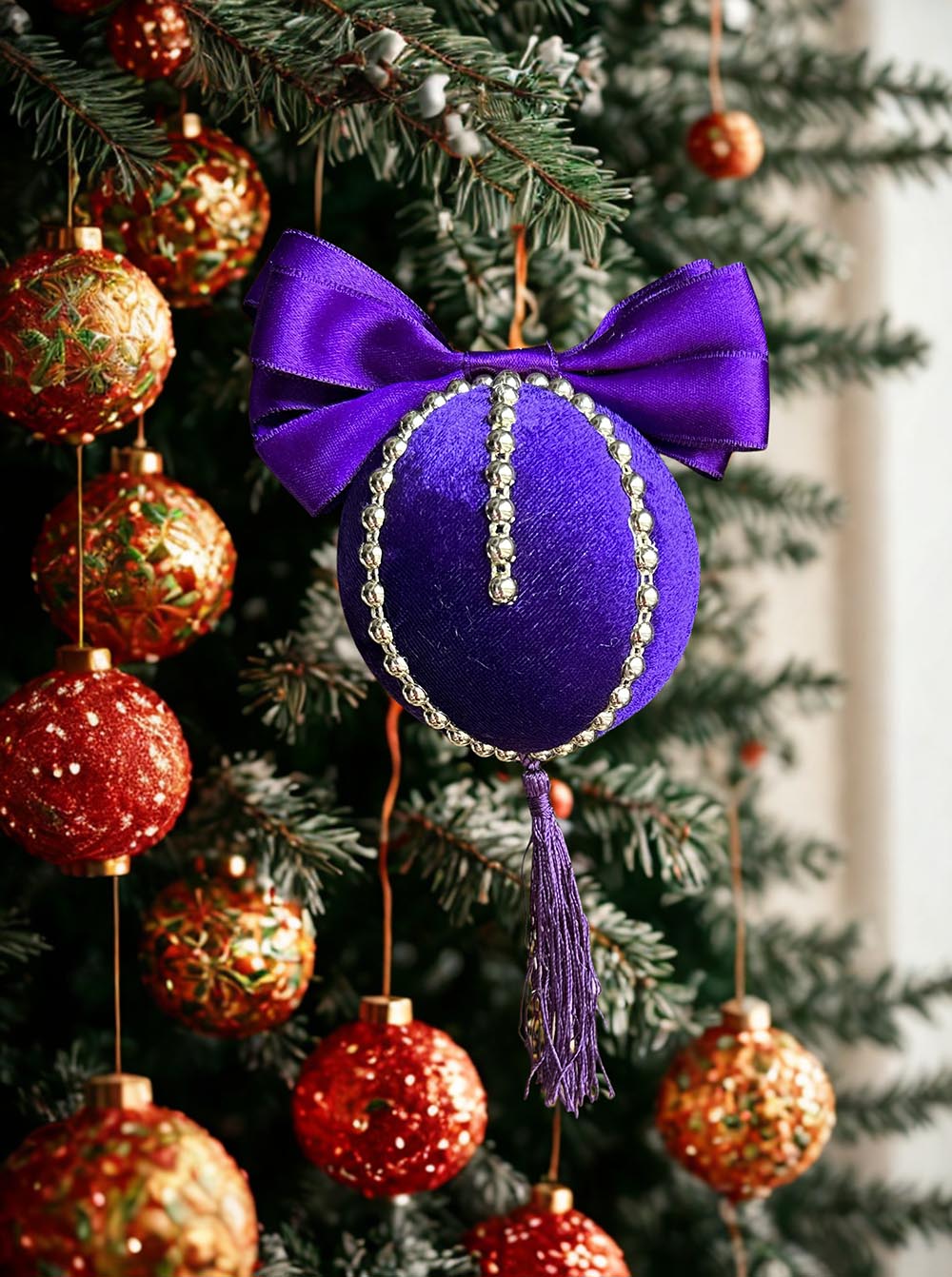 Mor Kadife Yılbaşı Çam Ağacı Süsü - 8 Cm Çam Ağacı Topu