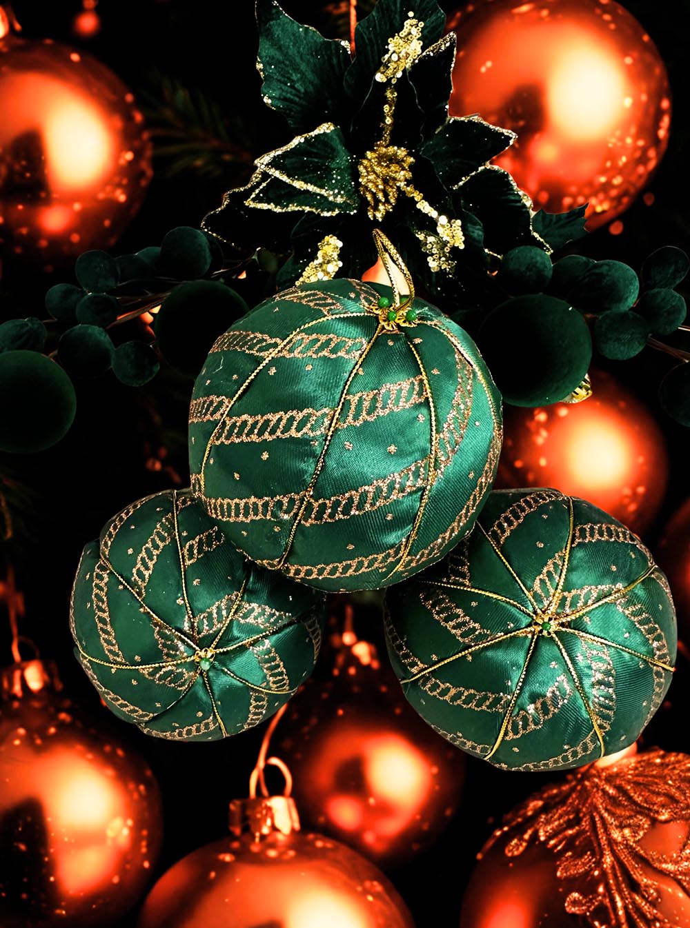 Desenli  Yılbaşı Çam Ağacı Süsü 10 Cm Kadife Yılbaşı Ağacı Topu