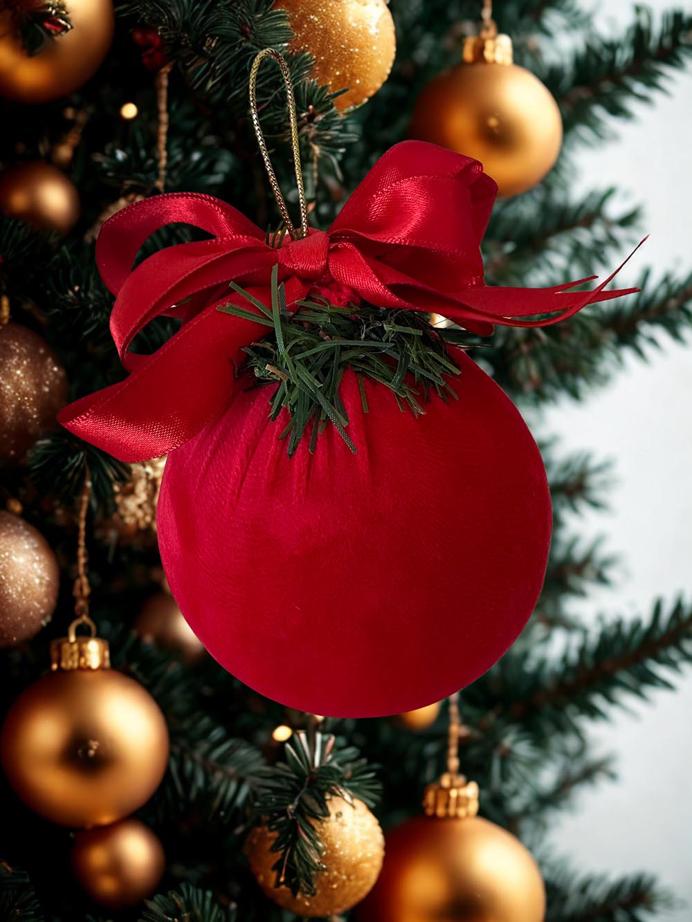 Yılbaşı Çam Ağacı Süsü Kırmızı 15 Cm Kadife Yılbaşı Ağacı Topu