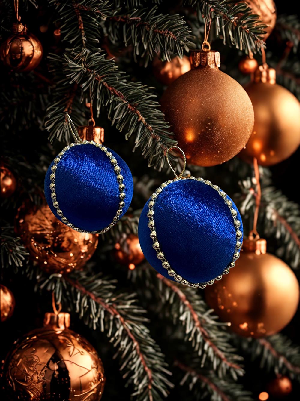 Yılbaşı Çam Ağacı Süsü Mavi 8 Cm Kadife Yılbaşı Ağacı Topu