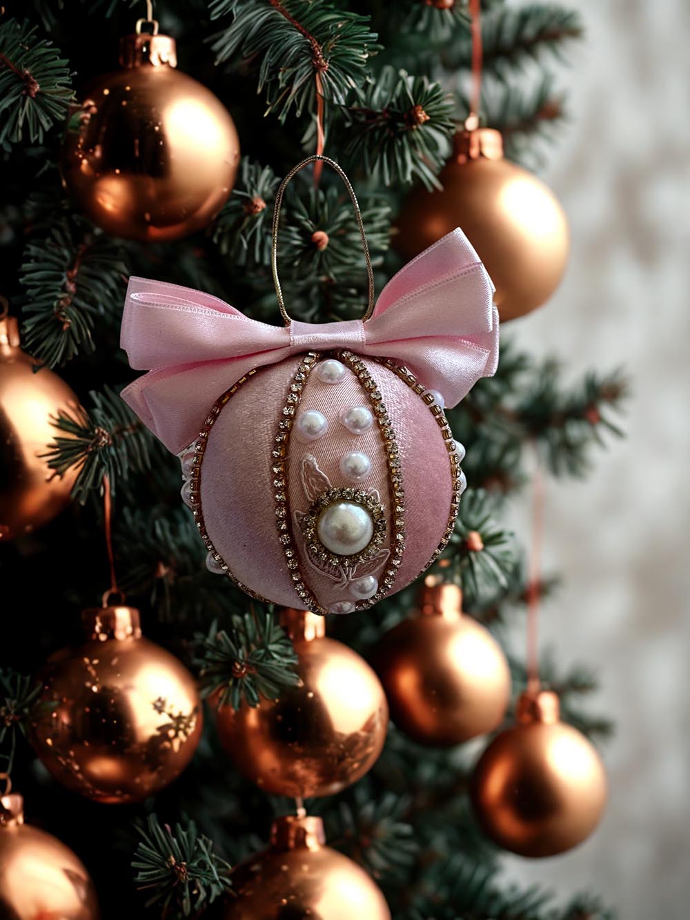 Yılbaşı Çam Ağacı Süsü Pembe Taşlı 8 Cm Kadife Yılbaşı Ağacı Topu