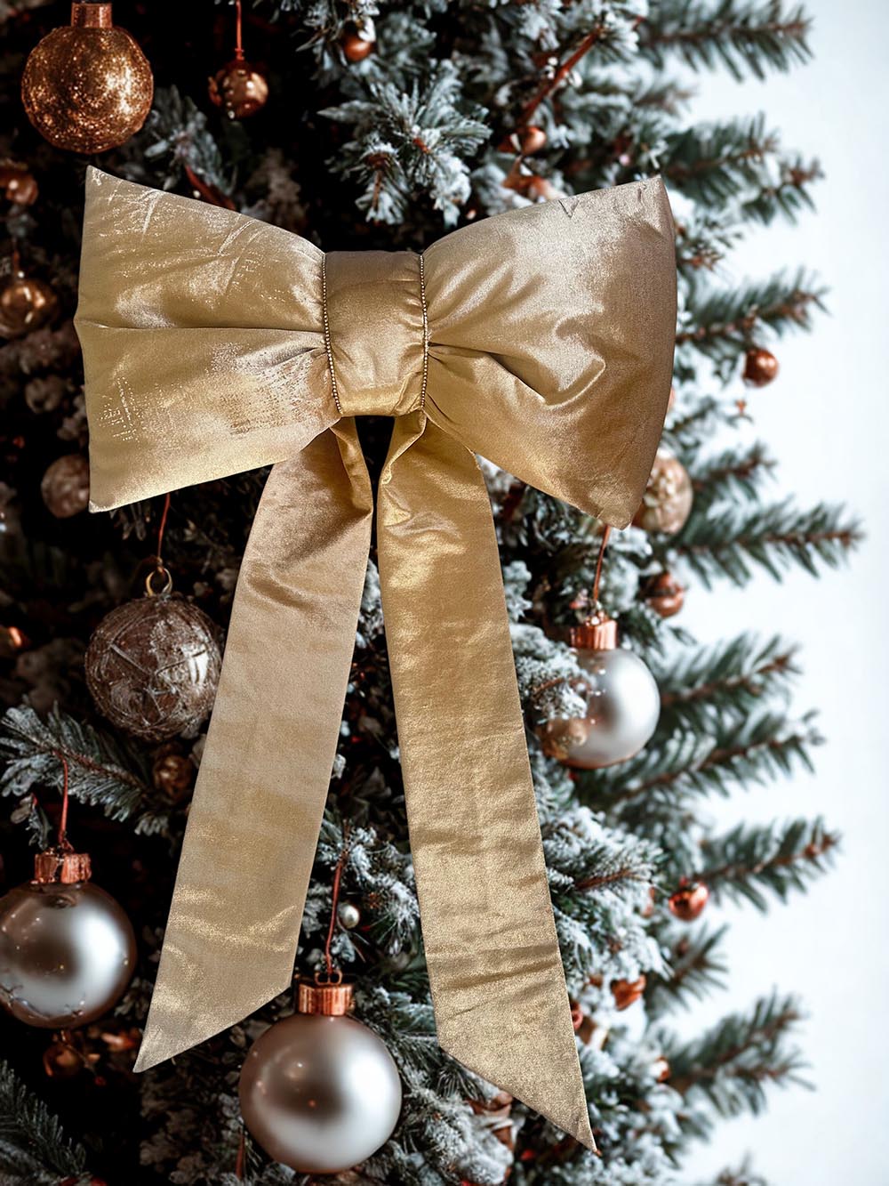 Krem Kadife Büyük Fiyonk Yılbaşı Çam Ağaçı Süsü