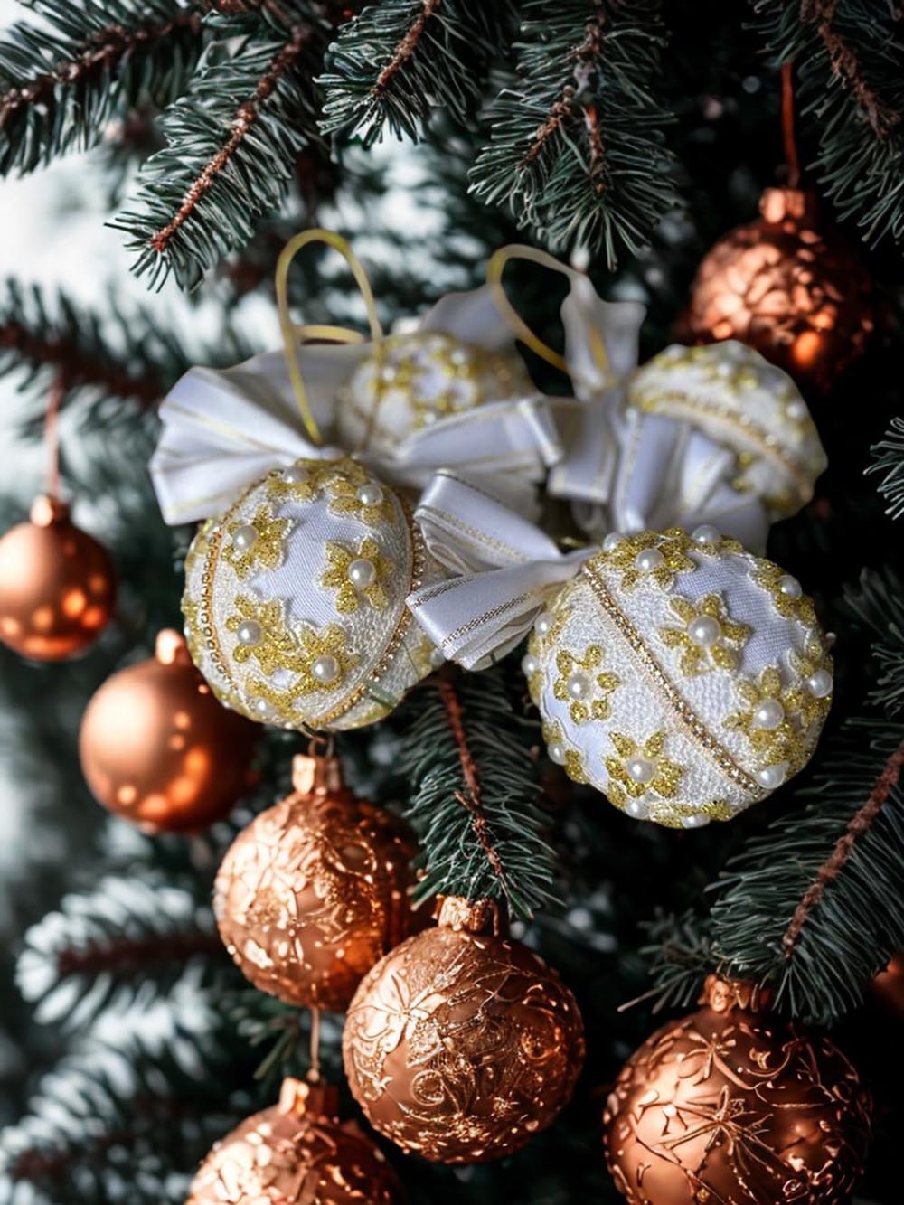 Beyaz Papatyalı Çam Ağacı Süsü - 8 Cm Yılbaşı Çam Ağacı Topu