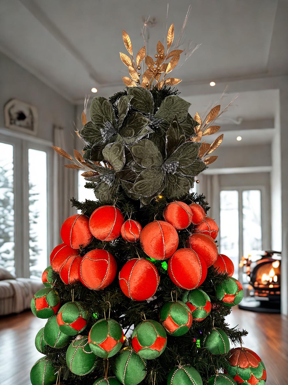 Turuncu Kadife Çam Ağacı Süsü - 8 Cm Taşlı Yılbaşı Ağaçı Topu