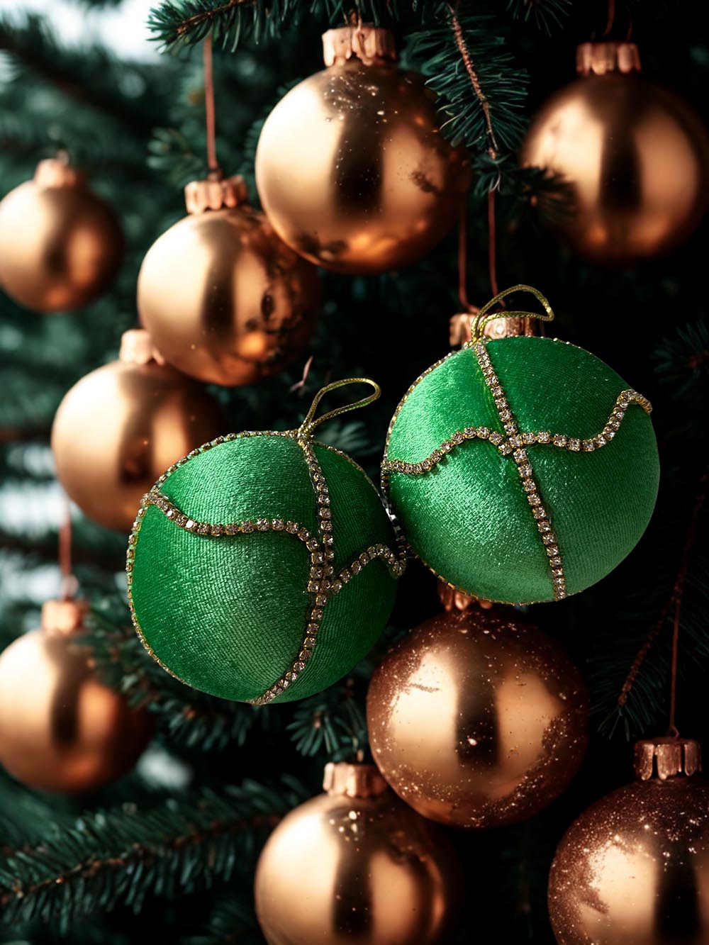 Yeşil Taşlı Kadife Çam Ağacı Süsü - 8 Cm Yılbaşı Çam Ağacı Topu