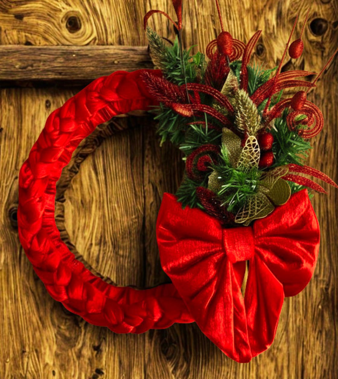 Kırmızı Kadife Yılbaşı Kapı Süsü - Yılbaşı Şık Kapı Çelenk