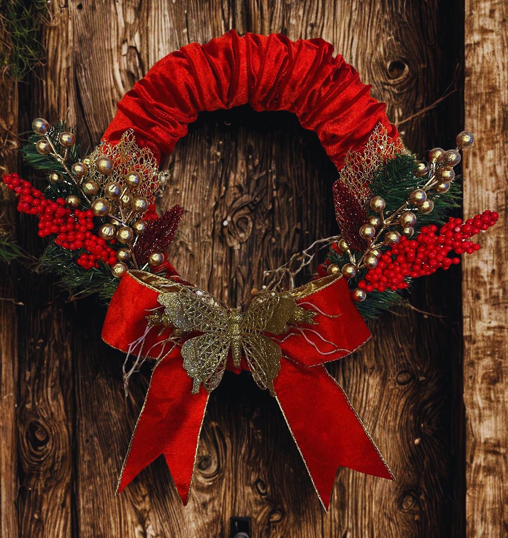 Kırmızı Şık Yılbaşı Kapı Süsü - Yılbaşı Dekoratif Kapı Süsü - Çelenk