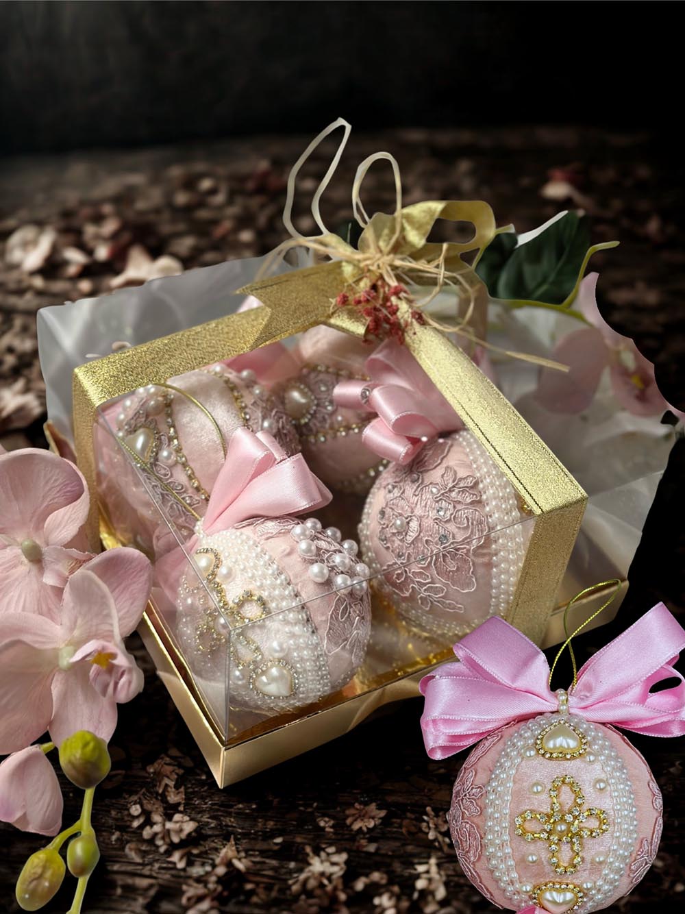 4 Lü Kutulu Pembe İncili Çam Ağacı Süsü - 8 Cm Çam Ağacı Topu