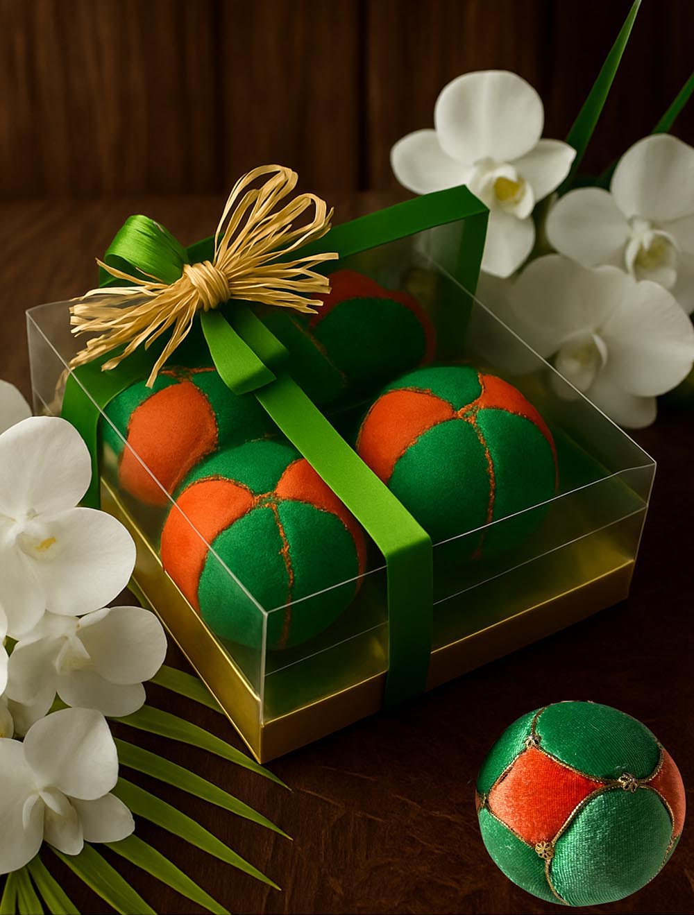 4 Lü Kutulu Yeşil Turuncu Yılbaşı Çam Ağacı Süsü - 8 Cm Etnik Yılbaşı Çam Ağacı Topu