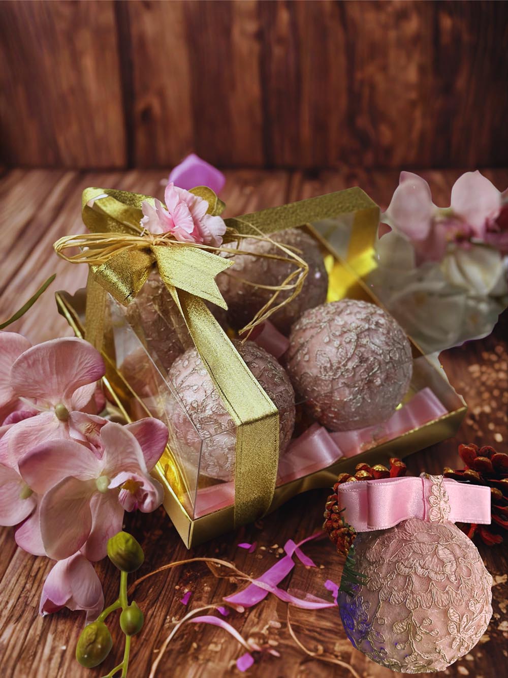 4 Lü Kutulu Yılbaşı Çam Ağacı Süsü - 8 Cm Fransız Pembe Yılbaşı Çam Ağacı Topu
