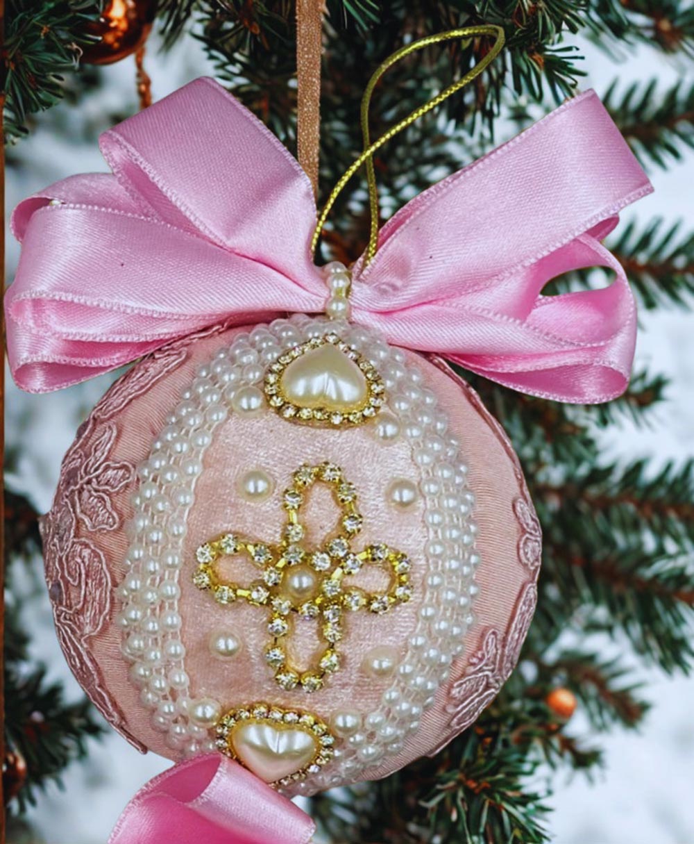 Pembe İncili Çam Ağacı Süsü - 8 Cm Çam Ağacı - Topu